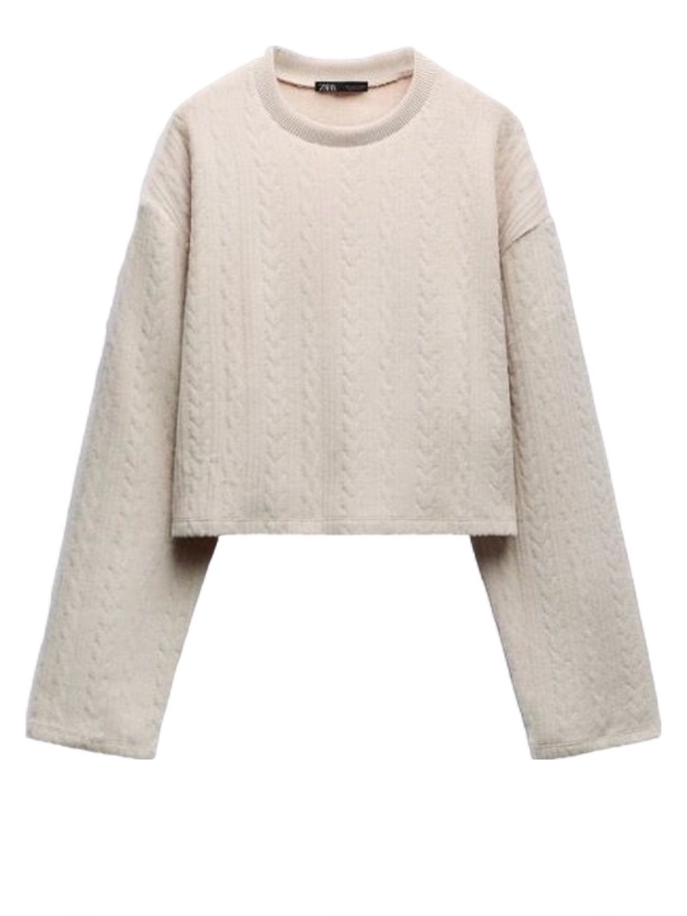 Zara Cream Cable Knit Cropped Crew Sweater